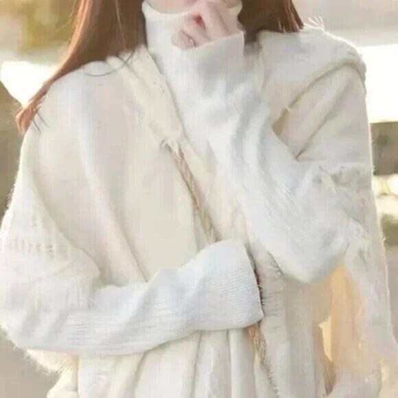 Button Side Hooded Cape Tassel Trim Angel Poncho Sweater White - Picture 2 of 4